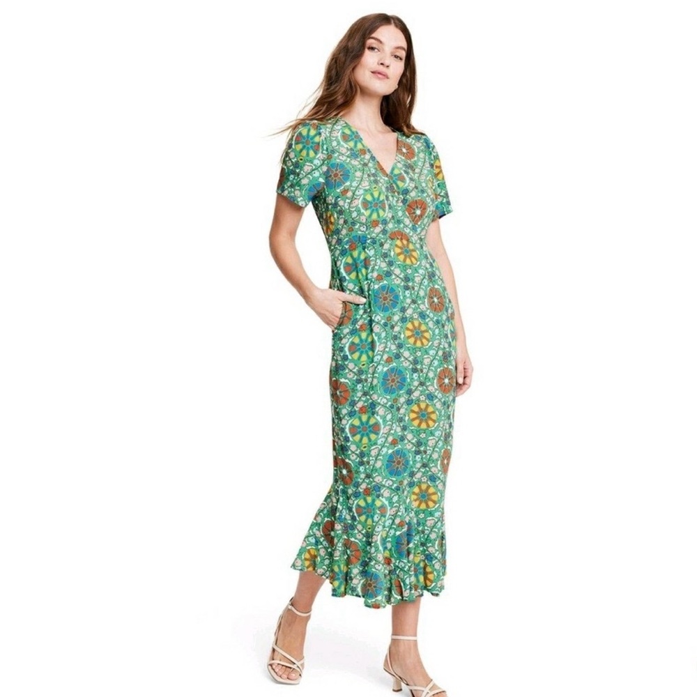 RHODE Vibrant Patterned Green Midi Dress‎ Size 6